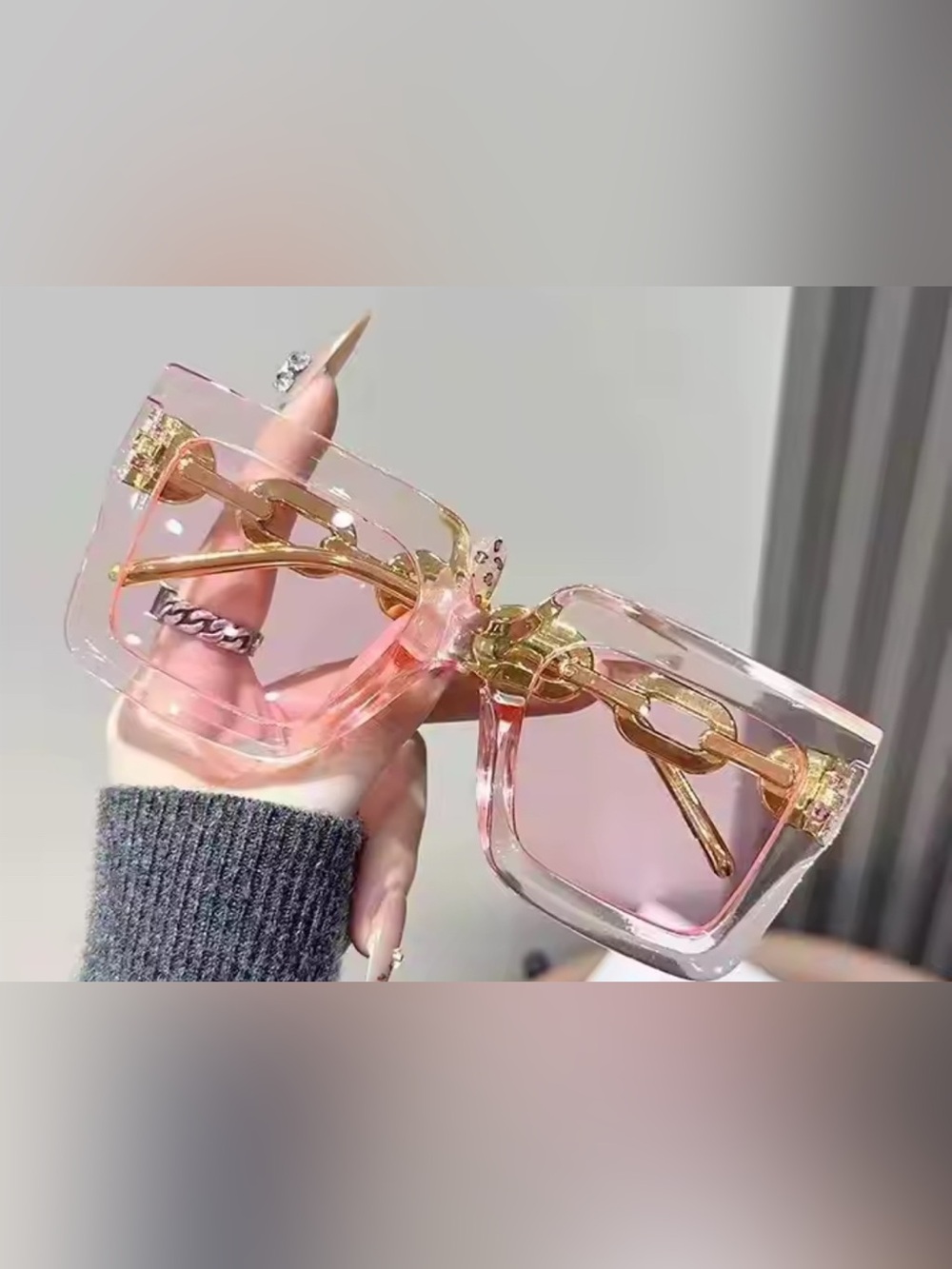 Chic Pink Square Sunglasses with Gold Chain Accent